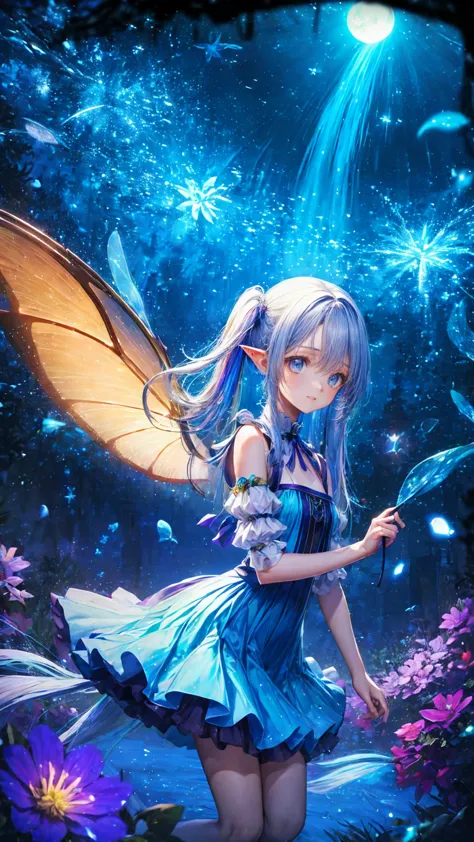 , dynamic angle 、 in the magical forest, mysterious fairy girl appears, light blue long hair、 twin tails、adorable smile、the moon...