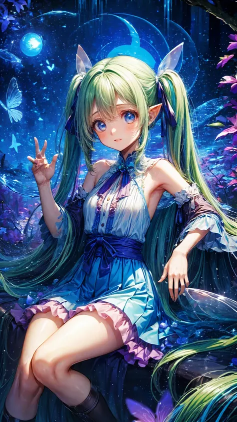 , dynamic angle 、 In the magical forest, Mysterious fairy girl appears, Light blue long hair、 twin tails、Adorable smile、The moonlight shines brightly. Her skirt, Woven with petals and stardust, Rainbow, Flowers and trees々 flapping their wings between shini...