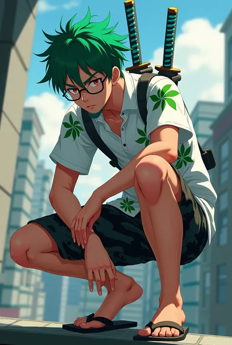 Anime Male , Missy short hair green color ,white polo with green flowers,with two katanas blue handle in his back ,have red eyes,gray small beard in the chin ,wearing flipflop, black short gray camo,eye glasses, smoking cigarettes, crouching in the Tower 