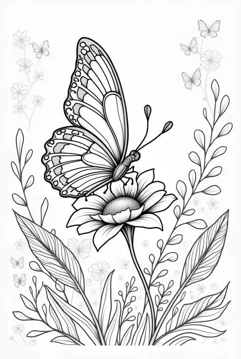 "A delicate butterfly with intricately patterned wings rests on a vibrant flower in a lush garden. Surrounding the butterfly are detailed blossoms, swirling vines, and leaves, creating a harmonious blend of natural elements. The background features softly ...