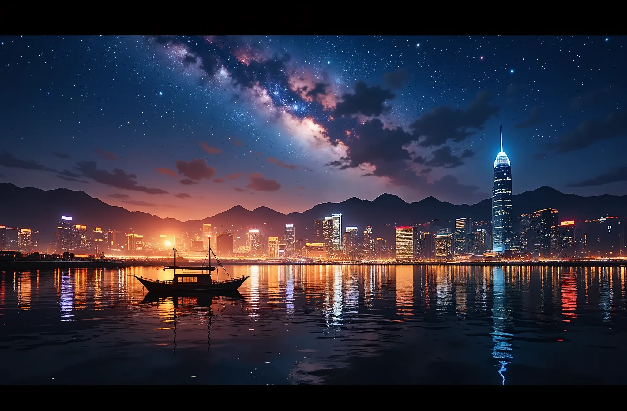 hong kong island skyscrapers, night time view, mily way in the night sky, close-up shot of the static victoria harbour surface, ...