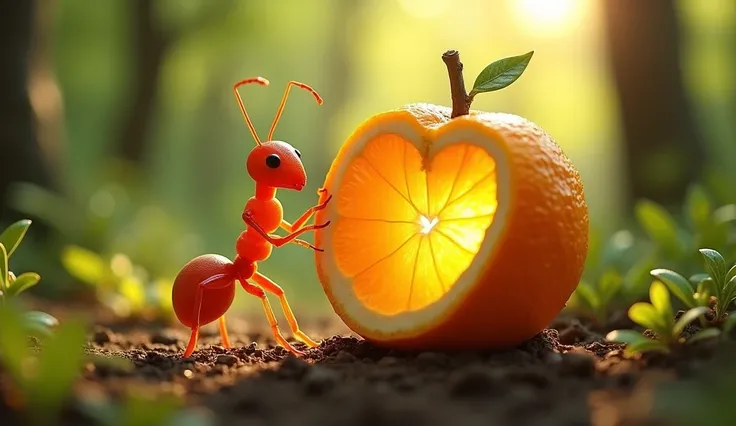 A single red ant and one orange in a natural setting, a lush forest. The ant is hugging and looking at the orange, both creating an atmosphere of love, sweetness, and cheerfulness. The image should have only one red ant and one orange, with the natural set...