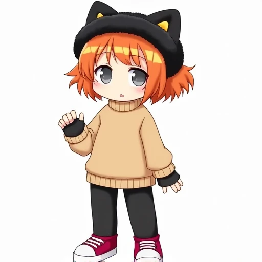 A girl with short orange-yellow stripes. With gray eyes and a white pupil. He is dressed in a beige sweater, black pants and raspberry-colored sneakers with white soles. On his head is a black, fluffy headband with cat ears. On his hands are black fingerle...