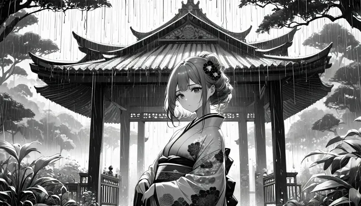  Featured Paintings ,  best quality, Super Fine, 16k,  unbelievably absurd ,  very detailed, delicate,  flashy and dynamic depiction , Woman with sad expression, kimono, rain, (background black and white garden palace :1.3)