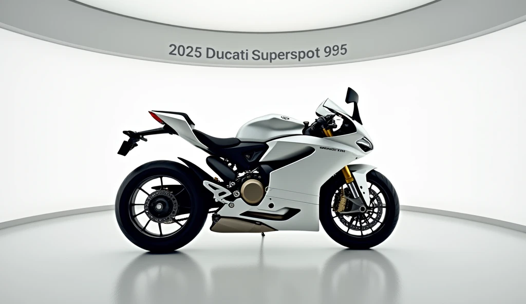 2025 Ducati Supersport 950, , Full Hd Images, The motorcycle stand on luxurious and modern white showroom, Write ( 2025 Ducati Supersport 950,on background wall