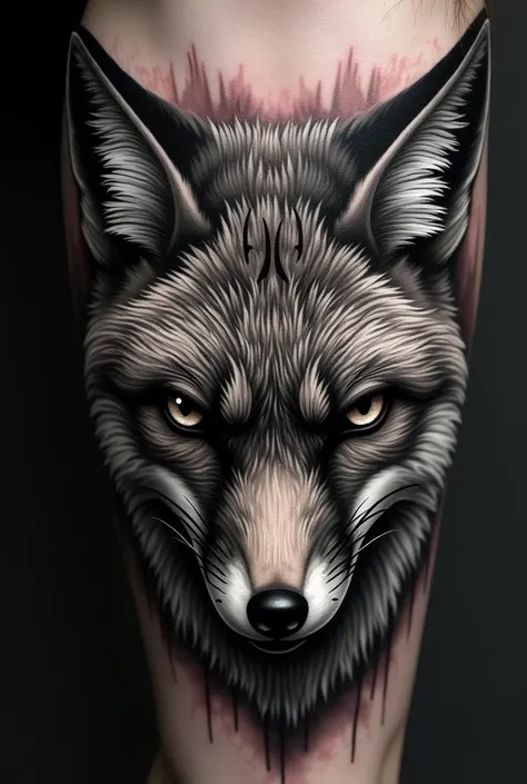 tattoo with text "fox" in shades of gray with an evil expression