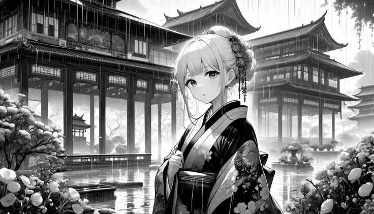  Featured Paintings ,  best quality, Super Fine, 16k,  unbelievably absurd ,  very detailed, delicate,  flashy and dynamic depiction , Woman with sad expression, kimono, rain, (background black and white garden palace :1.3)