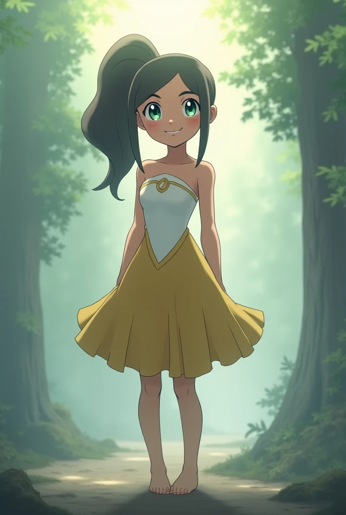 1girl, alone, misty (pokemon), side ponytail, g0ld33n skirt, green eyes, strapless white leotard, high cut leotard, smile,