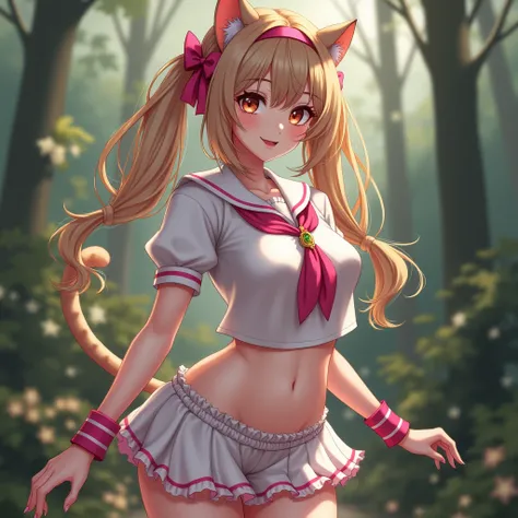 score_9, score_8_up, score_7_up, Raw Photo, Cowboy Shot, cat girl, cute, seductive, innocent, light smile:0.3, plump lips, slender body, cat ears, high detailed sailor suit, navel, pink hair ribbon:1.2, hairband, pink thighhighs, wrist cuffs, twintails, ge...