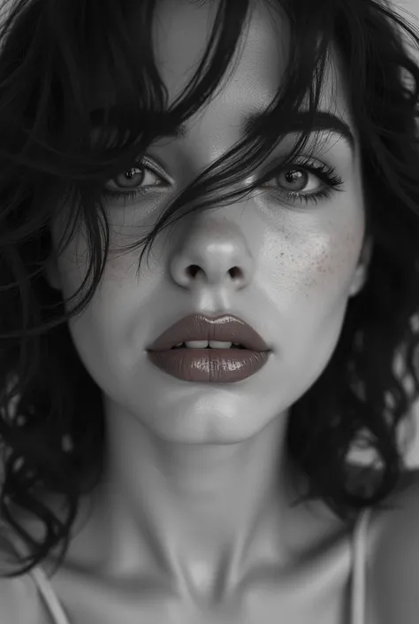 Black and white image,colorpop Neon lipstick,,Hailee steinfeld,Focus on dry lips,Lip bite ,Hair over face,Wavy light black hair with pink streaks,bare neck,(Focus on_breasts),Raining,Piercing eyes,Tilted head, pale skin,Photorealistic,Black eye makeup,frec...