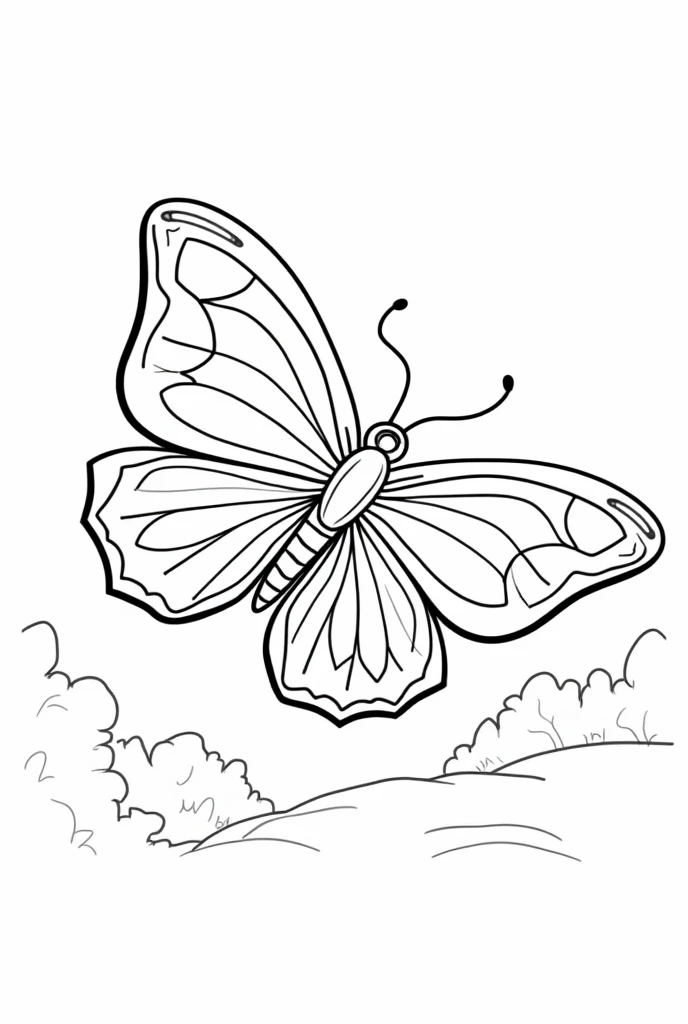 A butterfly in motion with clean, dashed lines representing its flight path. The background features softly outlined trees and a hint of a meandering pathway, leaving ample space for creative coloring.",line art,cartoon character,3d style,high quality,colo...