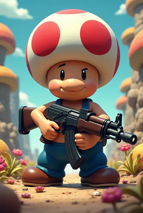 Toad le personnage de mario avec une AK-47