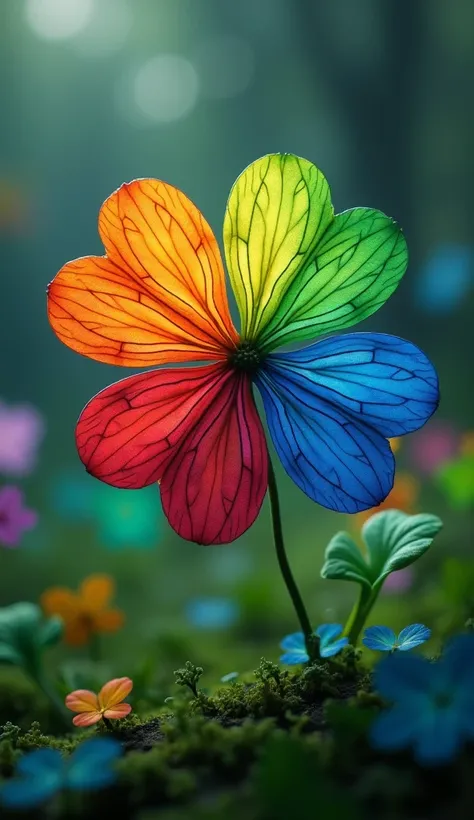 a single four leaf clover with multicolor petals, colorful, rainbow