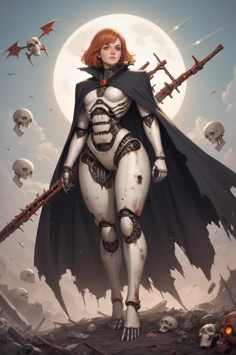 Una maquina autónoma, wretched automaton, wretched weaponry, rusty metallic skin, esqueleto de titanio, titanium frame, destroyed skull,  mechanical eyes, no hair, no hair, small breasts, metal breasts, she has no nipples , enorme trasero, caderas anchas, ...