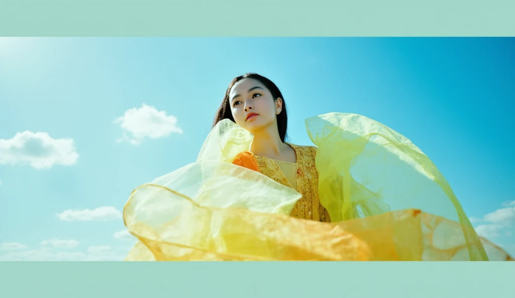 A woman in a dress is posing for a photo,  Portrait inspired by Yan Juncheng , tumblr,  conceptual art ,（ looking at the audience ：1.5），Upward Shot，  using a Canon EOS R 5 , Shot on Canon EOS R5, Shot with Nikon Z9, Portraits, Fashion Photography, color ( ...