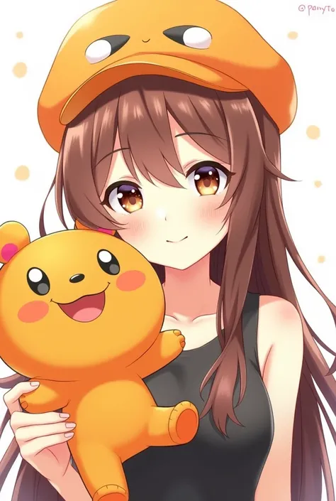  An anime girl with a smiley face with long brown hair and a thin black shirt,an orange Jerry hat ,a medium orange Jerry plush toy on her right hand ,  looking at the spectator 