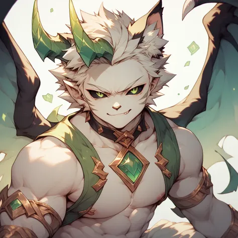 young fox boy,cat ears, chiseled abs, chiseled pecs, white skin, horns, wings,black sclera,green pupils,

