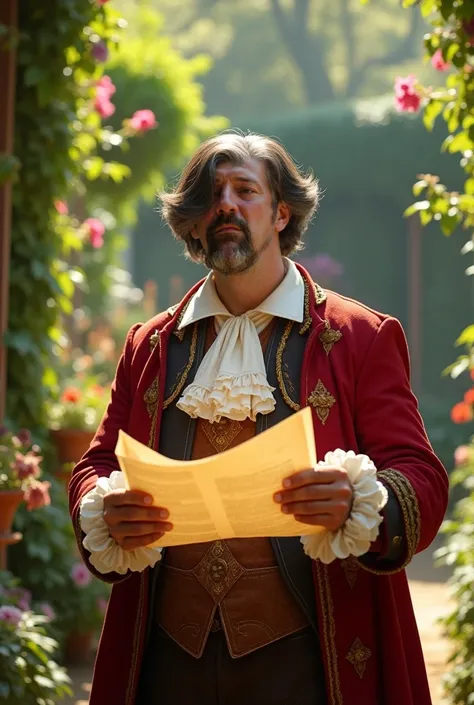 Middle aged man, sark brown hair with white streaks,  shakespearean era, Shakespearean clothing, smug look, apper in hand, reading paper, confident expression, outside, daytime, bright, garden, slightly shocked look