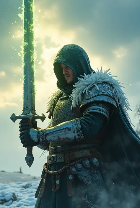 "A warrior in armor adorned with thawing frost, holding a sword that radiates the first light of spring. His face is veiled by a hood, and the background shows the sky shifting from winter to spring. The color tones shift from cool blues and whites to warm...