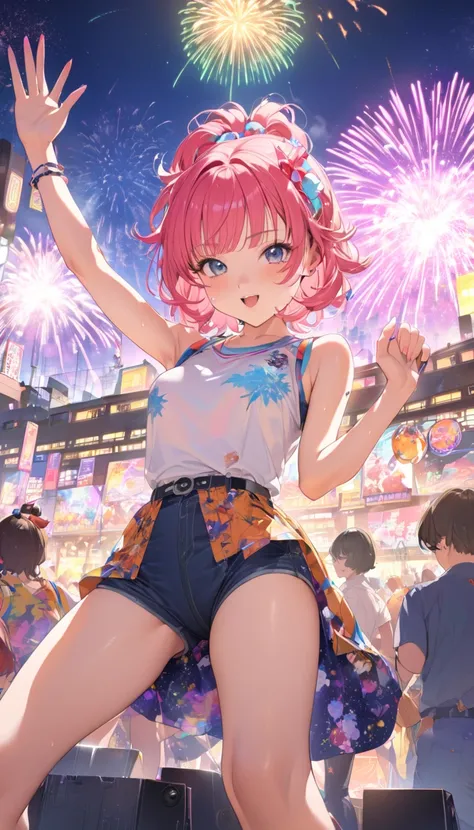  Hi-Res, Best Quality,  anatomically accurate , masterpiece, 
 Active Bold Poses
city pop style
1980s vintage retro feel
cute girl 
colorful hair、三つ編みPonytail Short Bob Wolf Hair 、
裸
Idol Group 。

Fireworks festival background、
 lens flare , 