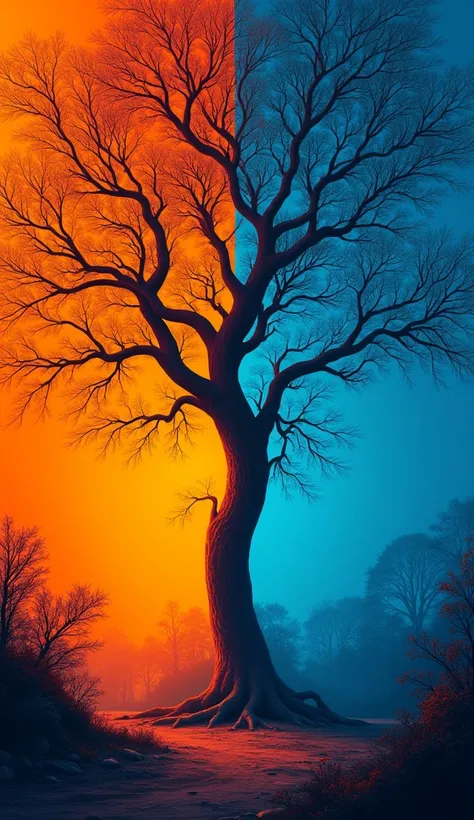 I want a cover where the colors are orange and blue, one on one side, and the other on the other, I also want distorted shadows and tree branches