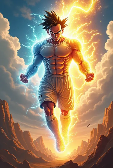 Heres the prompt :

" Create a Dragon Ball style illustration of Messi and Cristiano Ronaldo merging into a single being,  with its energies blending in an explosion of light and fire .  The resulting body must have characteristics of both ,  like Messis e...