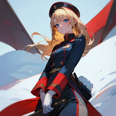  blue eyes  , blond , The military uniform has a small red symbol , Snow background 