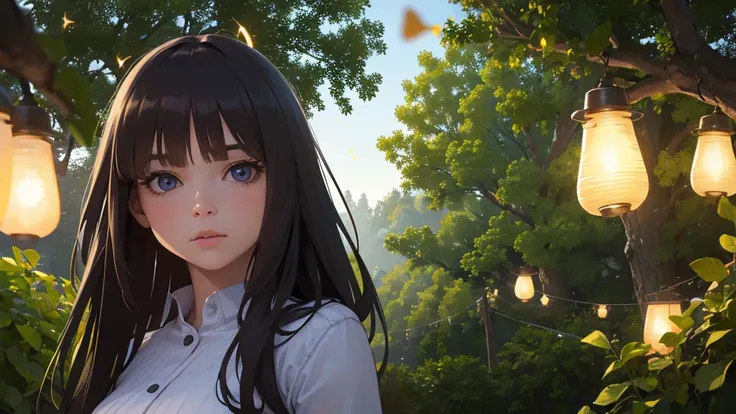 (8K,  top quality,  masterpiece: 1.2), (realistic, photorealistic: 1.37),  super detail , A girl, Wide viewing angle, firefly garden,  lots of small dim lights and fireflies flying around, Evening