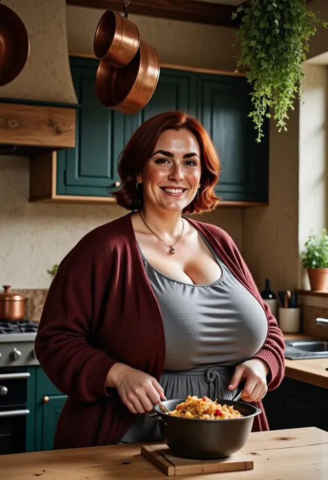 Photorealistic picture, cottagecore style, a beautiful British woman cooking in her kitchen. (Dynamic pose: 1.5), she is smiling. She has Brown eyes, downturned eye shape, light skin and freckles, shes voluptuous. bob hairstyle. Shes wearing a grey linen d...