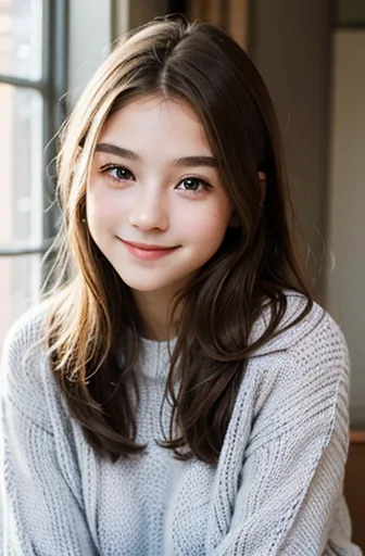 baby face、smile、  small breasts、baby face、 cute girl 、 large knit sweater、  semi-long 、 light brown hair color、 cute girl、20 yea...