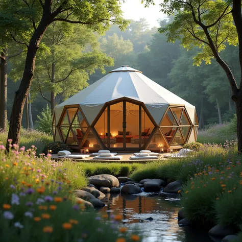 Create a serene and inviting scene that captures the essence of a retreat focused on Deep Rebirth: Holotropic Breathing. The setting should be a tranquil forest clearing, featuring a large glass yurt that reflects warmth and coziness. Inside the yurt, incl...