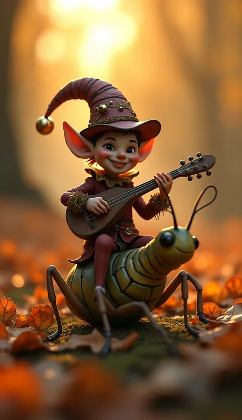 A mischievous jester wearing a tiny cap with bells balances on the back of a cricket, playing a small lute. The cricket sits amidst dry leaves under a golden autumn sunset.  