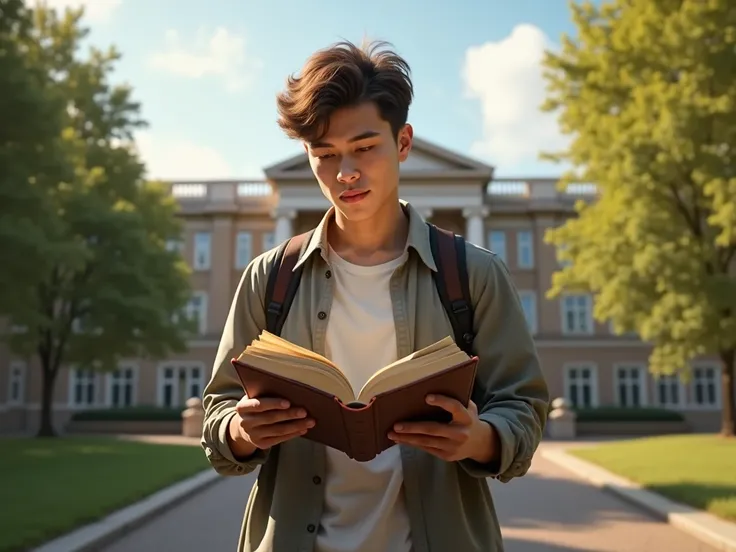 A young man holding book and seeing on university building 