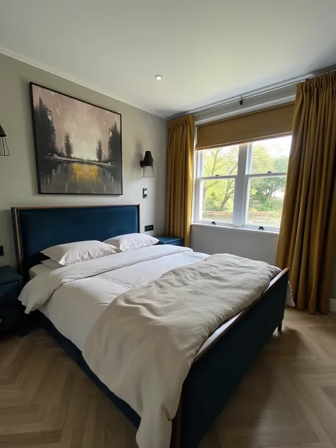 "A modern bedroom interior in contemporary English style featuring a large bed with a dark blue, velvet-upholstered frame and luxurious, neatly arranged bedding in neutral tones. Above the bed hangs a stylish abstract painting in harmonious colors. The wal...