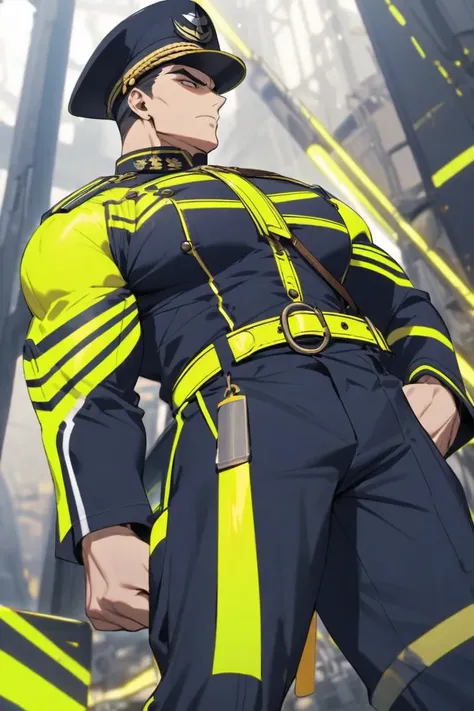 Muscular broad-shouldered men wearing a Navy Captains Cap and a Navy colored long sleeve shirt with fluorescent yellow piping and a fluorescent yellow anchor on the chest a fluorescent yellow belt and navy colored slacks with fluorescent yellow piping tuck...