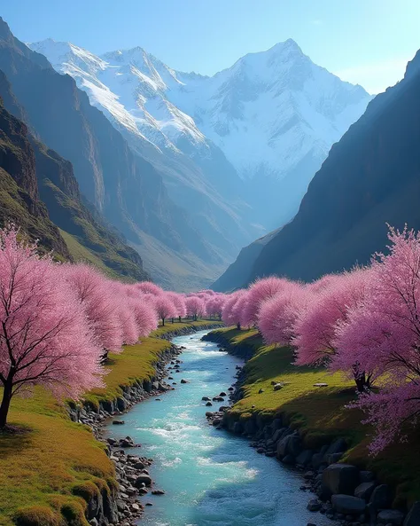 Réalise une photo HD de la vallée de Hunza, située dans le nord du Pakistan. Le paysage doit inclure des montagnes enneigées majestueuses, des vergers de cerisiers en fleurs au printemps, et une rivière scintillante serpentant à travers la vallée. Le ciel ...