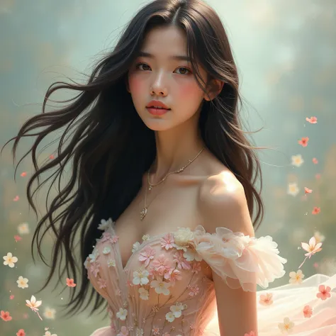 Portrait of a young woman wearing a semi-transparent dress made of flowers, her long dark hair flowing gently in the air. The background is abstract, blending soft colors and textures. The atmosphere evokes romance, fantasy, and tenderness. Highly detailed...