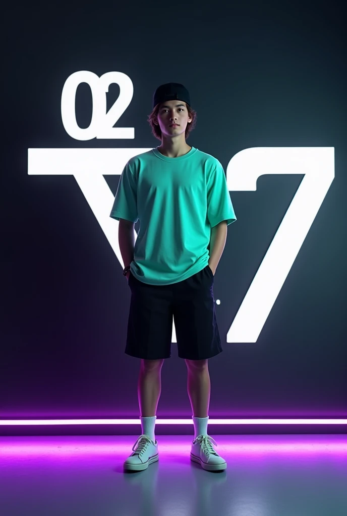 Male from Indonesia, 20 years. Wear a light turquoise green t-shirt combined with black. Wear black shorts, sneakers, white socks. Wear a round black eiger hat. Stand while posing facing the camera. The background behind the wall is black, and there is the...