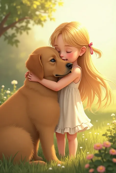 I want a drawing of a blonde girl hugging a golden retriever dog 