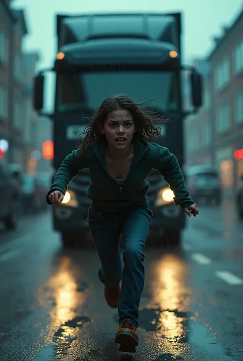 a girl running front of lorry
