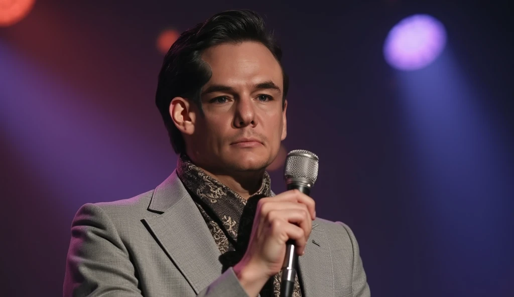 A close-up of a man with sharp facial features, short black hair, and smooth skin tone, dressed in an elegant light gray suit with a patterned scarf draped around his neck, standing on a softly lit stage. The man is captured mid-performance, holding a vint...