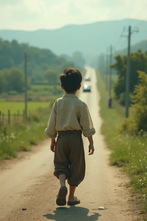 A traditional boy walking on the road and looking for a car