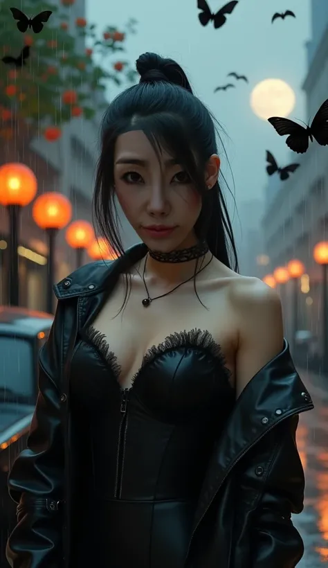 A close up of Korean Beauty, Rainy day, perfect facial features, perfect anatomy, Seductive look,(( Big breast, thin waist, big butt)) Leather coat ((Black Vampire Dress)), Black thick hair ((Pinned hair)), walking through the road, A black Old model car b...