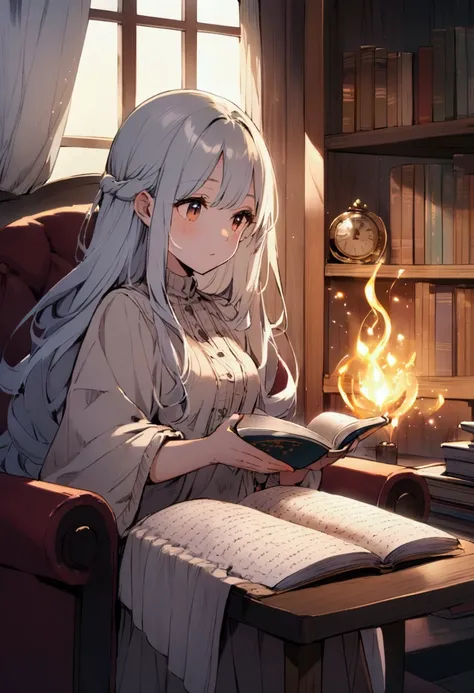 Long-haired woman reading a book in a cozy room