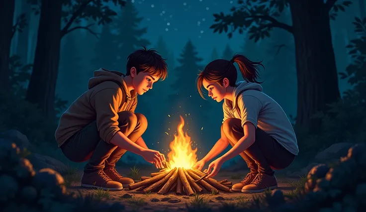 A 20-year-old boy and a 20-year-old girl are trying to light a fire in the forest at night.