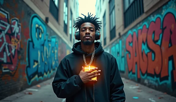 A young rapper wearing headphone on a graffiti-covered wall, with one hand on his chest. A glowing Bible rests on the wall next to him, and beams of light form a cross in the sky.
