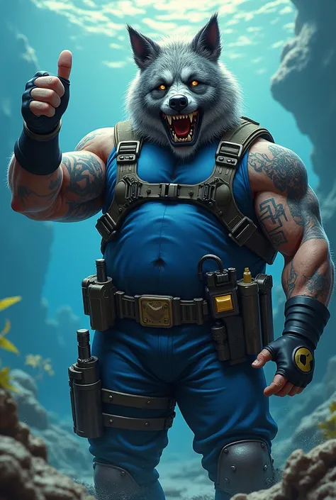 (A rugged beefy very muscular bulky chubby old man), (wearing blue wetsuit), (wearing realistic roaring wolf mask), thumbs up pose, carrying a gun with left hand, wearing bulky scuba gear, wearing rebreather, muscular physique, toned muscles, fierce, heroi...