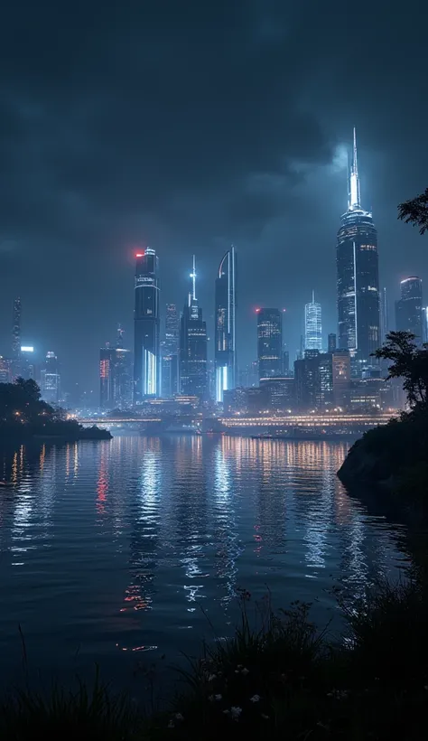 night landscape, sci-fi, large cyberpunk city on the shore of a large lake, view from the other side of the lake, beautiful reflection in the water surface, midjourneyv6.1