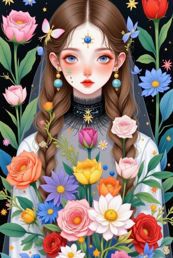 1 girl,bandage,bandage on nose,black flower,black rose,blue rose,flower束,bow,braid,bride,  brown hair  ,earrings,eyelash,face pa...