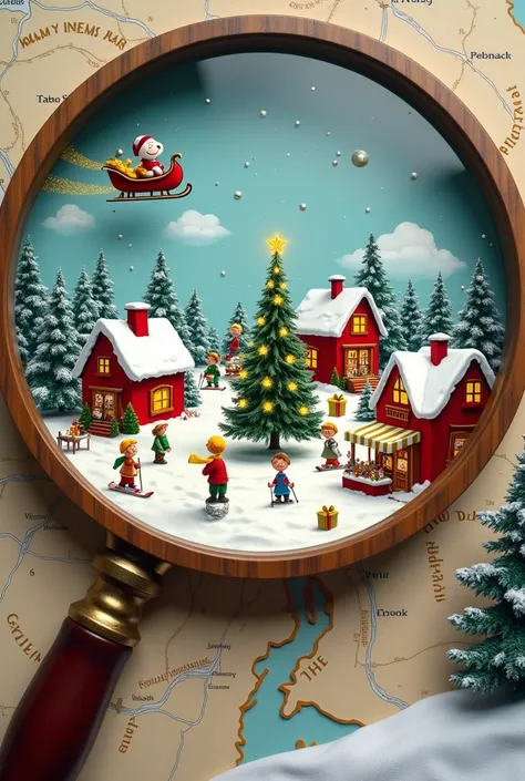 fun and cute junk journal page inspired by *Snoopy - Peanuts*. A joyful and magical Christmas-themed miniature world is revealed through a magnifying glass on a map. The lens shows a bustling ski resort transformed into a holiday wonderland: cheerful figur...